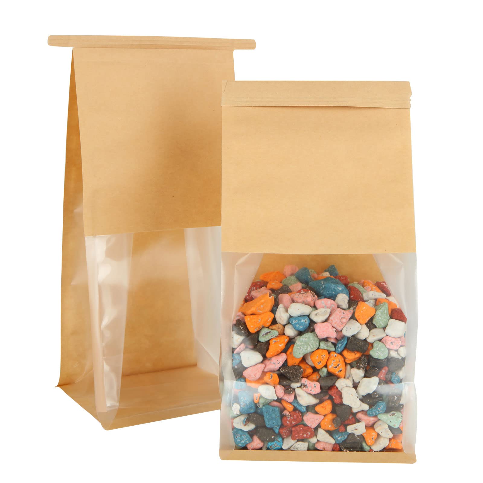 QTLCOHD 100 bolsas de panadería con ventana, 5.1 x 4.3 x 11 pulgadas, bolsas de pan de papel marrón, bolsas de papel de hojaldre con cierre de pestaña para embalaje de galletas, pan, palomitas de