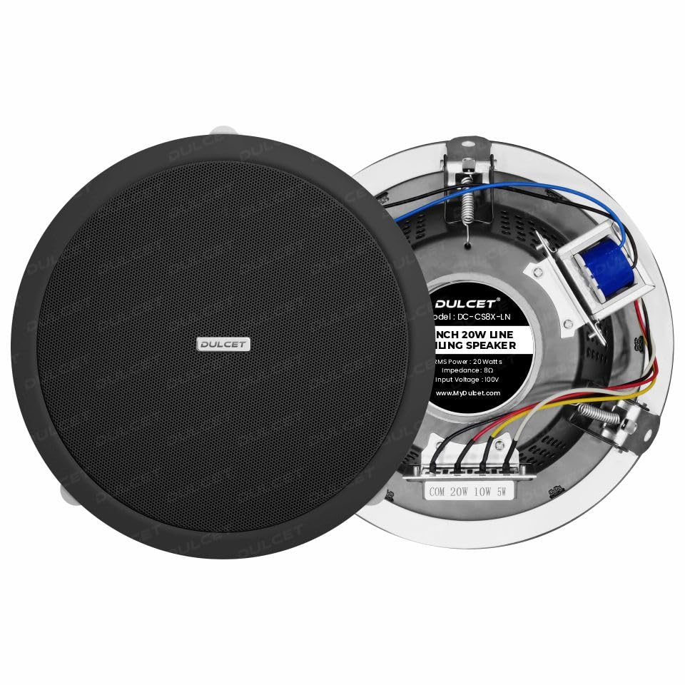 DULCET DC-CS8X-LN Black 8 inch 20W Full Range 8 Ohms Line Ceiling Speaker with Dedicated 100V Constant Supply Input & Line Matching Transformer specifically for PA Amplifier with 100V line Output