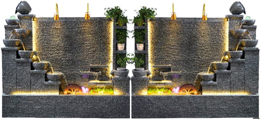 Elegant Stone Waterfall Fountain with LED Lights and Planter Shelves – Dual Sides for Indoor and Outdoor Zen Garden Decoration, 63 inch-79 inch Height Options(A+B Black)