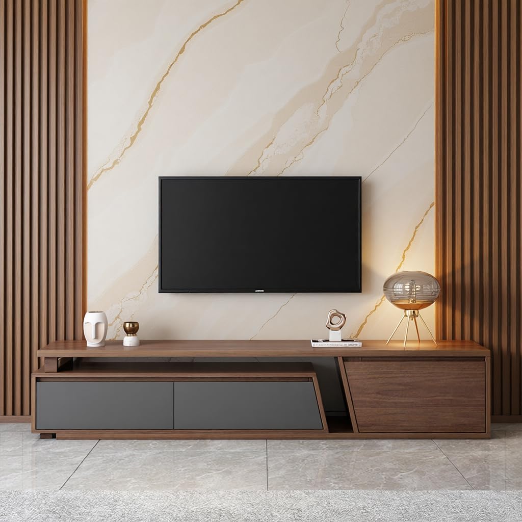 Modern Walnut TV Stand Entertainment Center, Extendable to 120 Inch, 3 Storage Drawers, Contemporary Media Console with Shelves, Walnut Grey