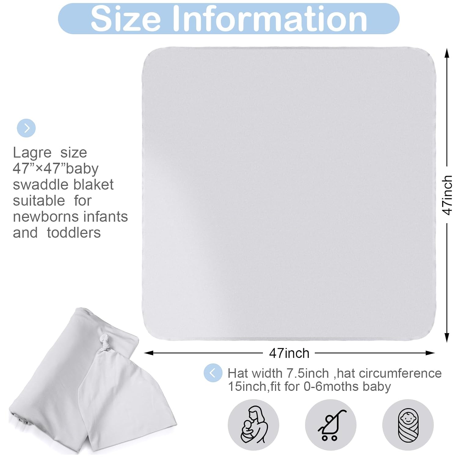 JaGely 2 Pcs Stretchy Baby Swaddle Blankets Set Extra Soft 47" x 47" Baby Newborn Swaddle Blanket and Hat(Light Gray, Light Blue)