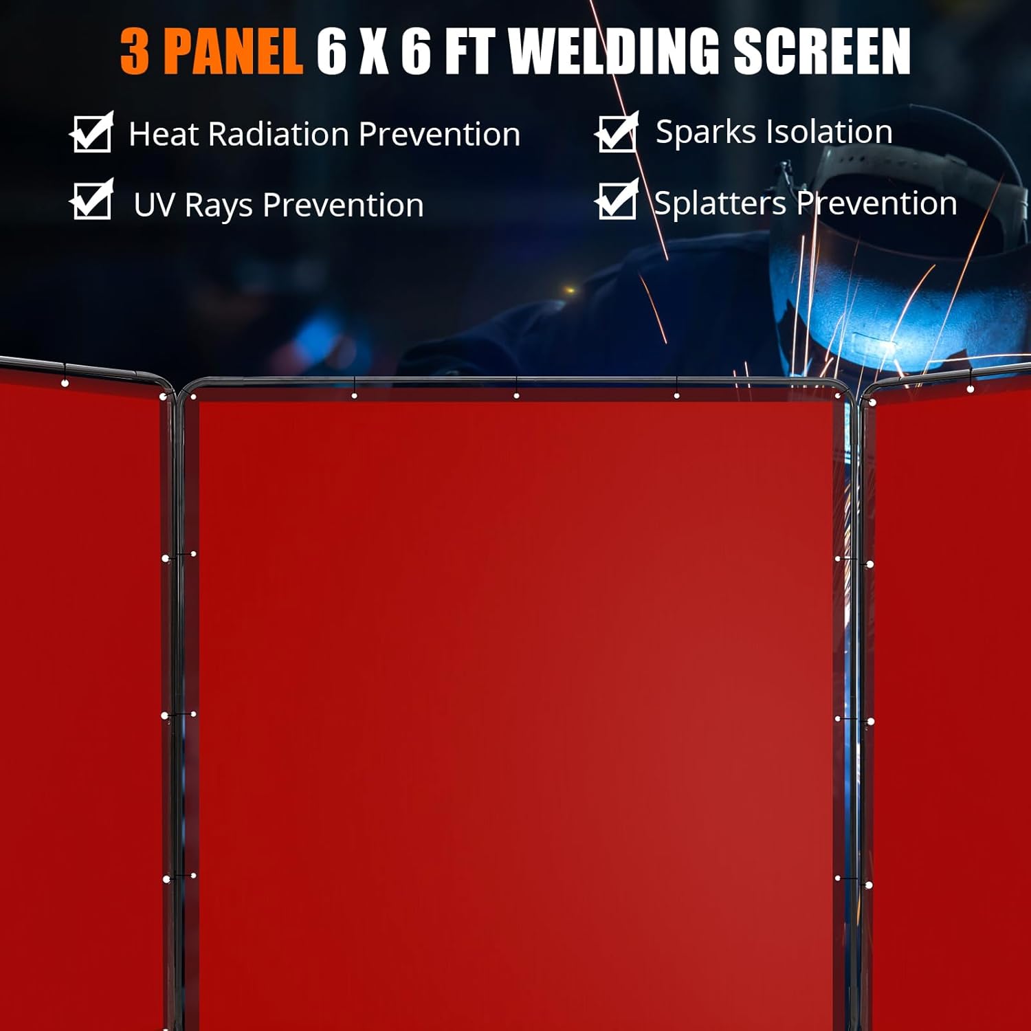 Flame-Resistant 3-Panel Red Vinyl Welding Screen with Frame & 12 Swivel Casters (6 Lockable) – 6x6ft Portable Fireproof Welding Curtain for Workshop, Garage, Grinding – Red, With Casters