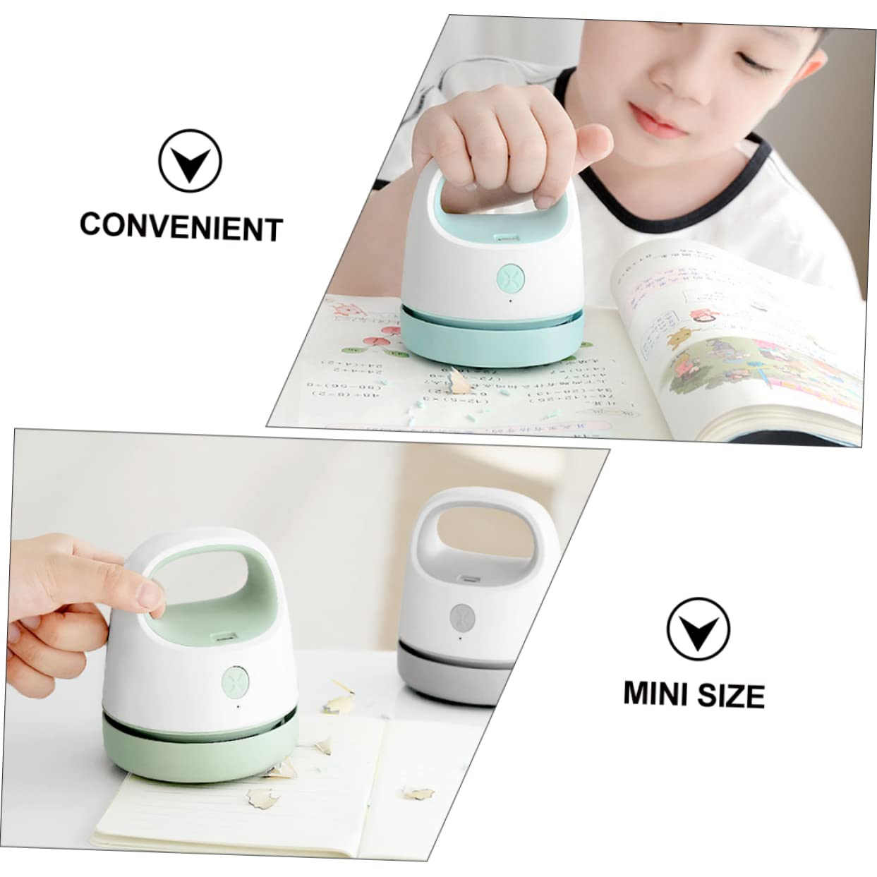 Aspirapolvere Portatile USB per Scrivania Design Ergonomico, Mini e Leggero, per Scuola e Auto, Raccoglie Polvere, Peli di Animali e Briciole
