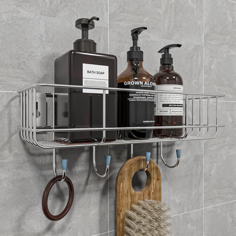 MOTIQO Stainless Steel Self-Adhesive Bathroom Shelf with Hooks, Bathroom Rack, Bathroom Shelf for Wall, Bathroom Accessories Organizer Silver(Pack of 1) (B0D5DF8Q31) Amazon Price History, Amazon Price Tracker