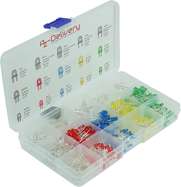 AZDelivery Colourful LEDs 3 mm 5 mm Assorted Colour Clear Light Emitting Diodes Kit, UV RGB CC/CA, compatible with Arduino including E-Book!