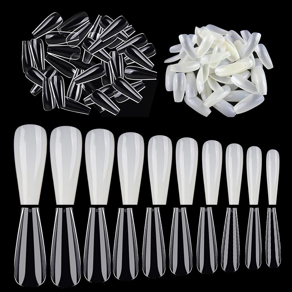 Noverlife 1200PCS Long Coffin False Nails Tips, 10 Sizes, Full Cover Ballerina Fakes Nails Acrylic Artificial Nail Art Manicure Finger Nails for Nail Salon DIY Nail Practice - Clear, Natural