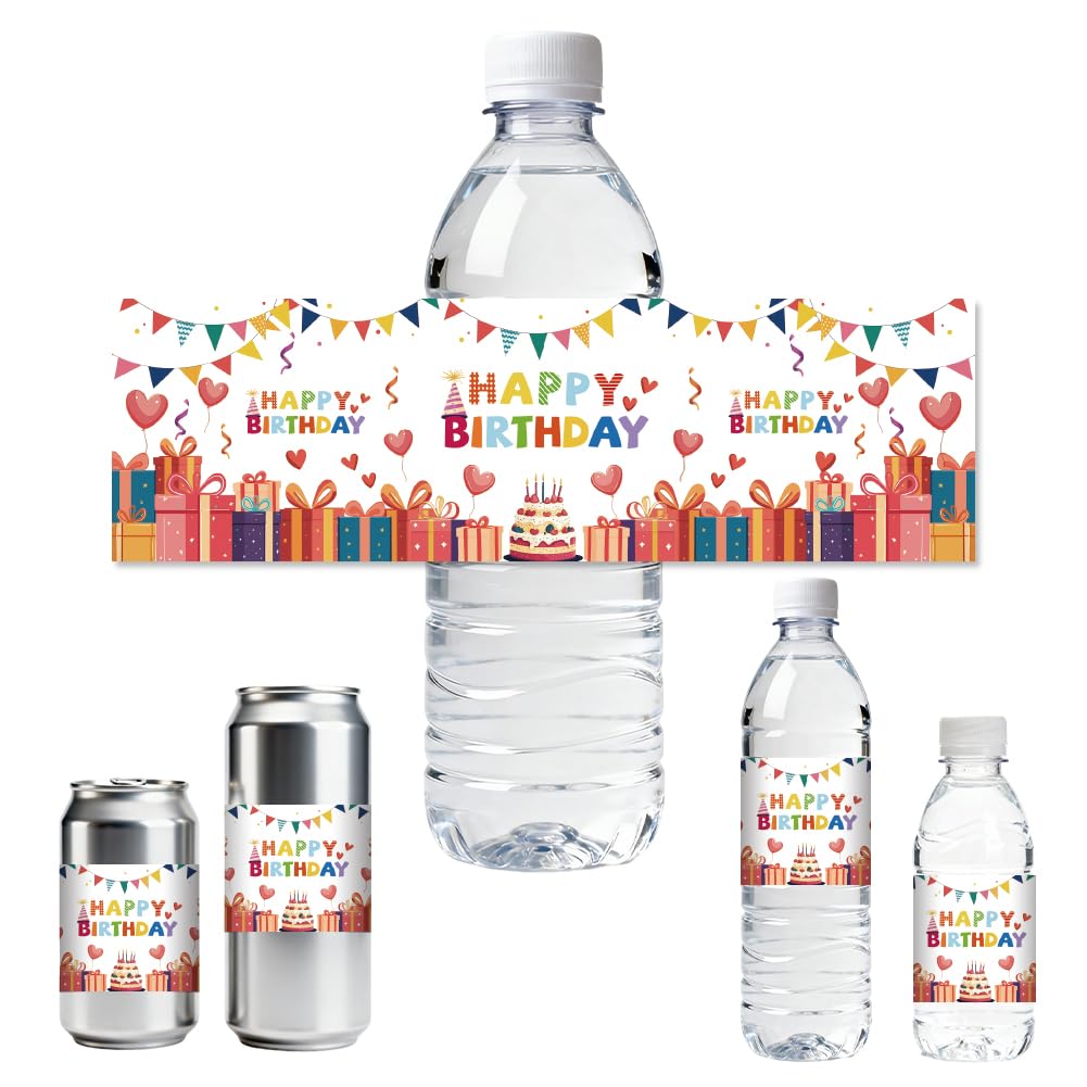 ANATTASOUL 30pcs Water Bottle Labels Happy Birthday with Heart Balloon Waterproof Sticker, 8.51" x 2.51" Rectangle Water Bottle Wraps Sticker for