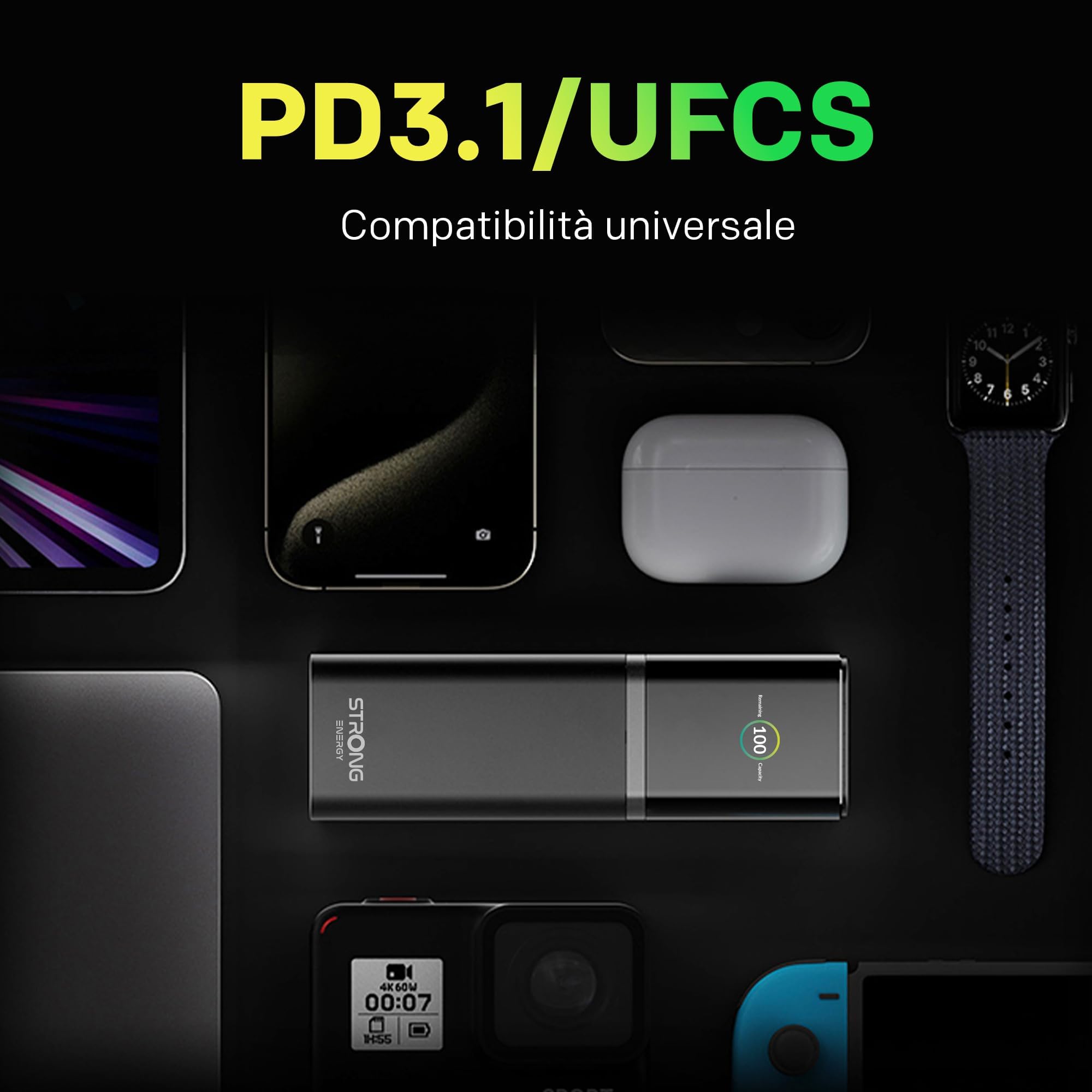 STRONG S-19 Power Bank Portatile 12000mAh, Ricarica Rapida 176W con USB-C 140W PD 3.1 + UFCS, Display TFT, Compatibile con iPhone 16, Galaxy S24, MacBook, iPad, Per Viaggi & Approvata per Aereo