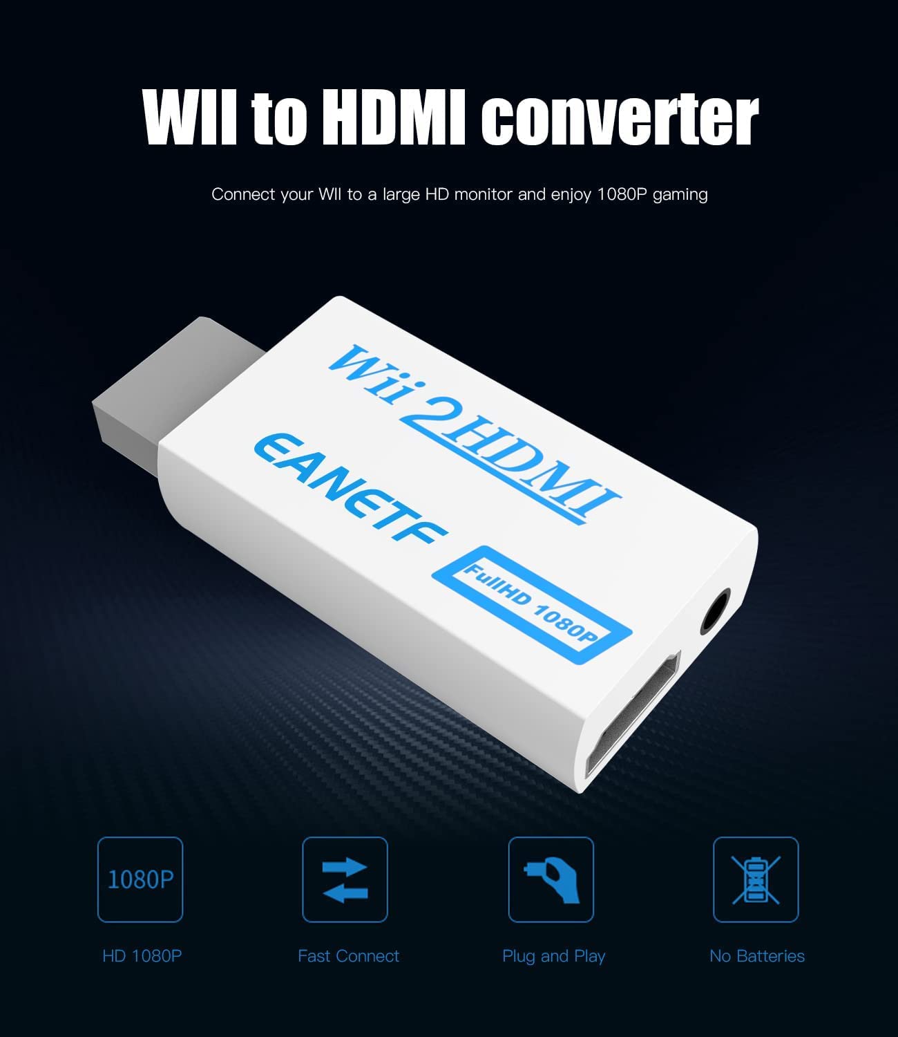 Eanetf Konwerter Wii na HDMI, Wii na HDMI 1080P z kablem HDMI o wysokiej prędkości 1,5 m, adapter HDMI Wii2, wyjście wideo i audio z gniazdem audio 3,5 mm, obsługa wszystkich wyświetlaczy Wii 720P, NTS