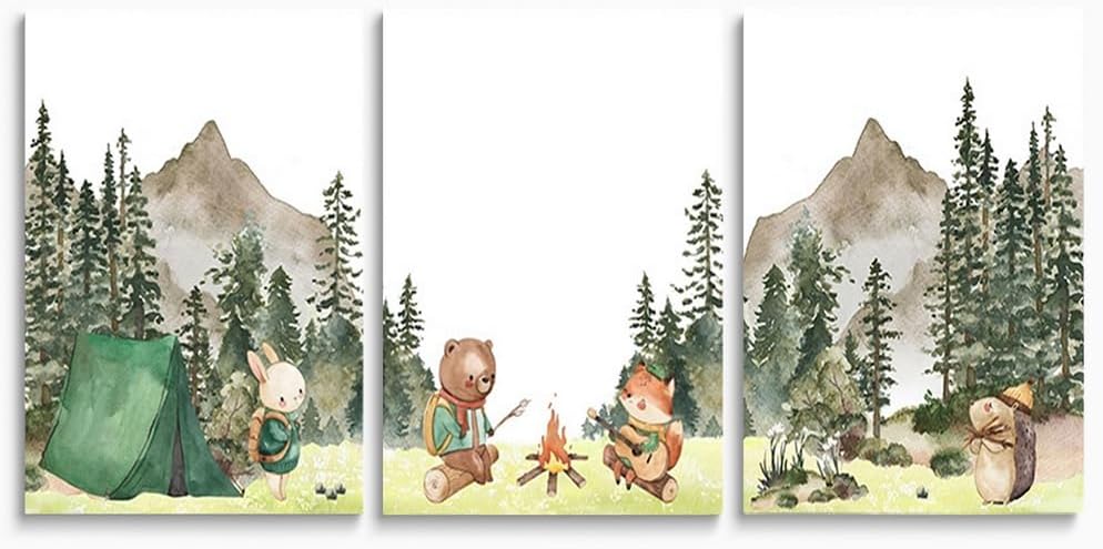 SKYSUKEY Boho Nursery Wall Decor, Wild Forest Kids Wall Art, Dark Blue Star Night Moon Netural Mountain Wall Art, Fairy Animals Nursery Decor, Nature Prints for Boy Girl, Set 3 Framed, 16"x24"