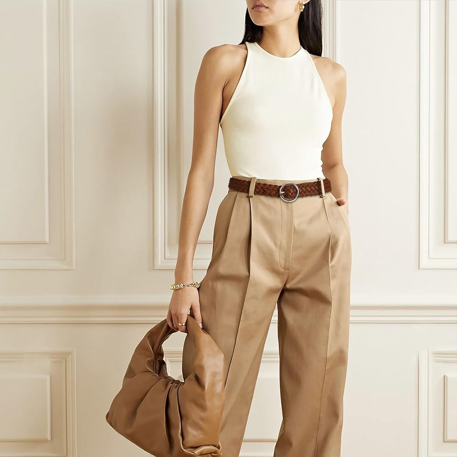 Women's Soft Brown Leather Braided Woven Belt Design with Gold Circular Buckle Casual Belt for Pants Jeans - Image 6