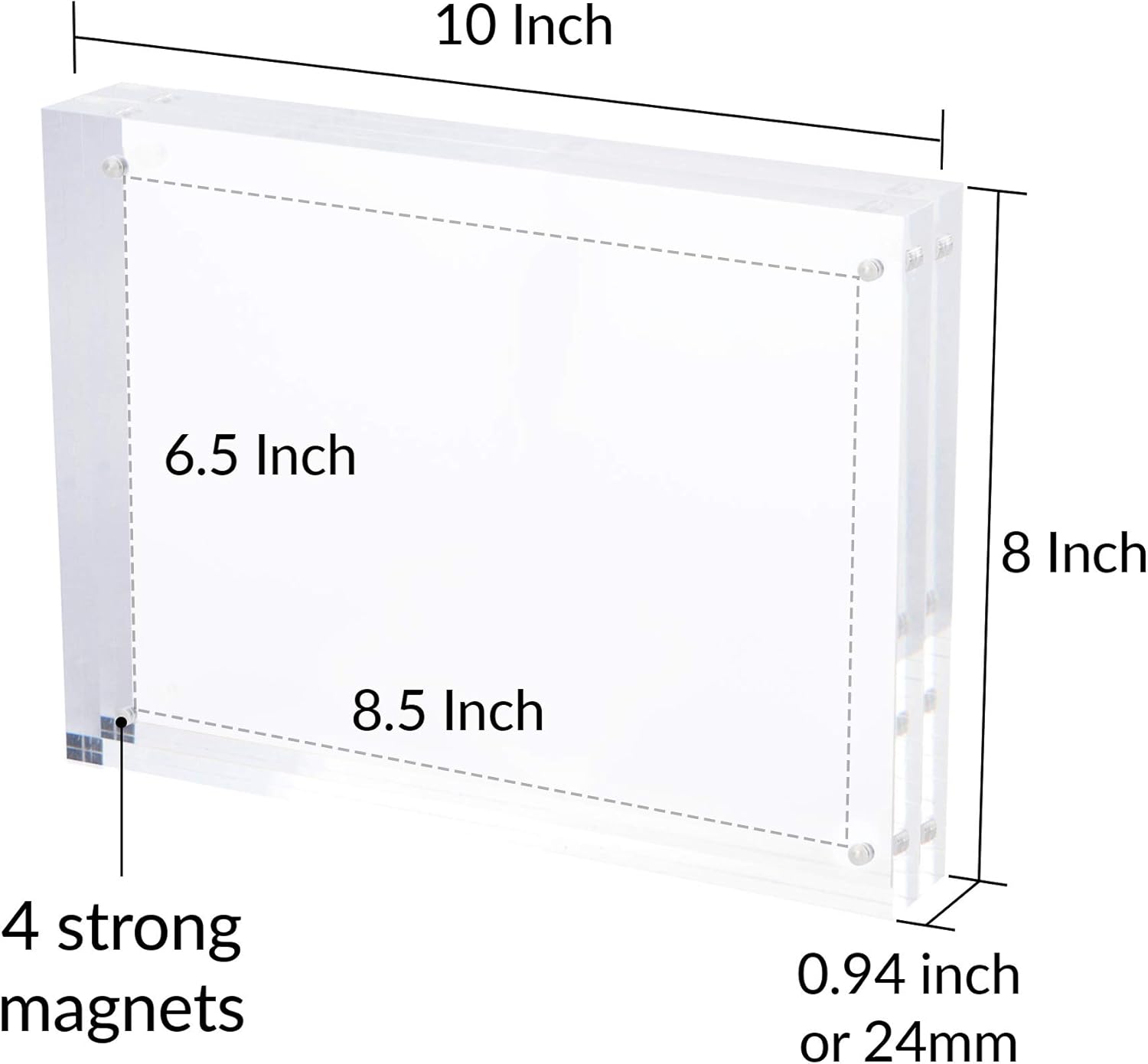 SimbaLux Magnetic Acrylic Picture Photo Frame 8x10 inches 24mm Thick with UV Protection (1 Pack) Clear Glass Like, Double Sided Frameless Desktop Floating Display, Free Standing, 20% Thicker than Most