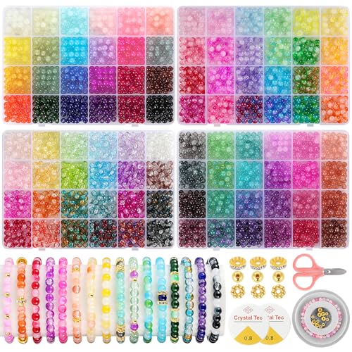 Funtopia 3524pcs Glass Beads Bracelet Making Kit 4 Types 96 Colors 6mm Glass Beads for Bracelets Round Crystal Beads for Jewelry Making Necklace Earrings DIY Crafts