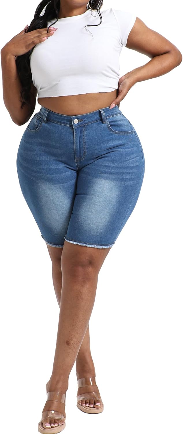 Gocolloa Women's Plus Size High Waisted Stretchy Jean Shorts 10" Inseam Raw Hem Denim Bermuda Shorts