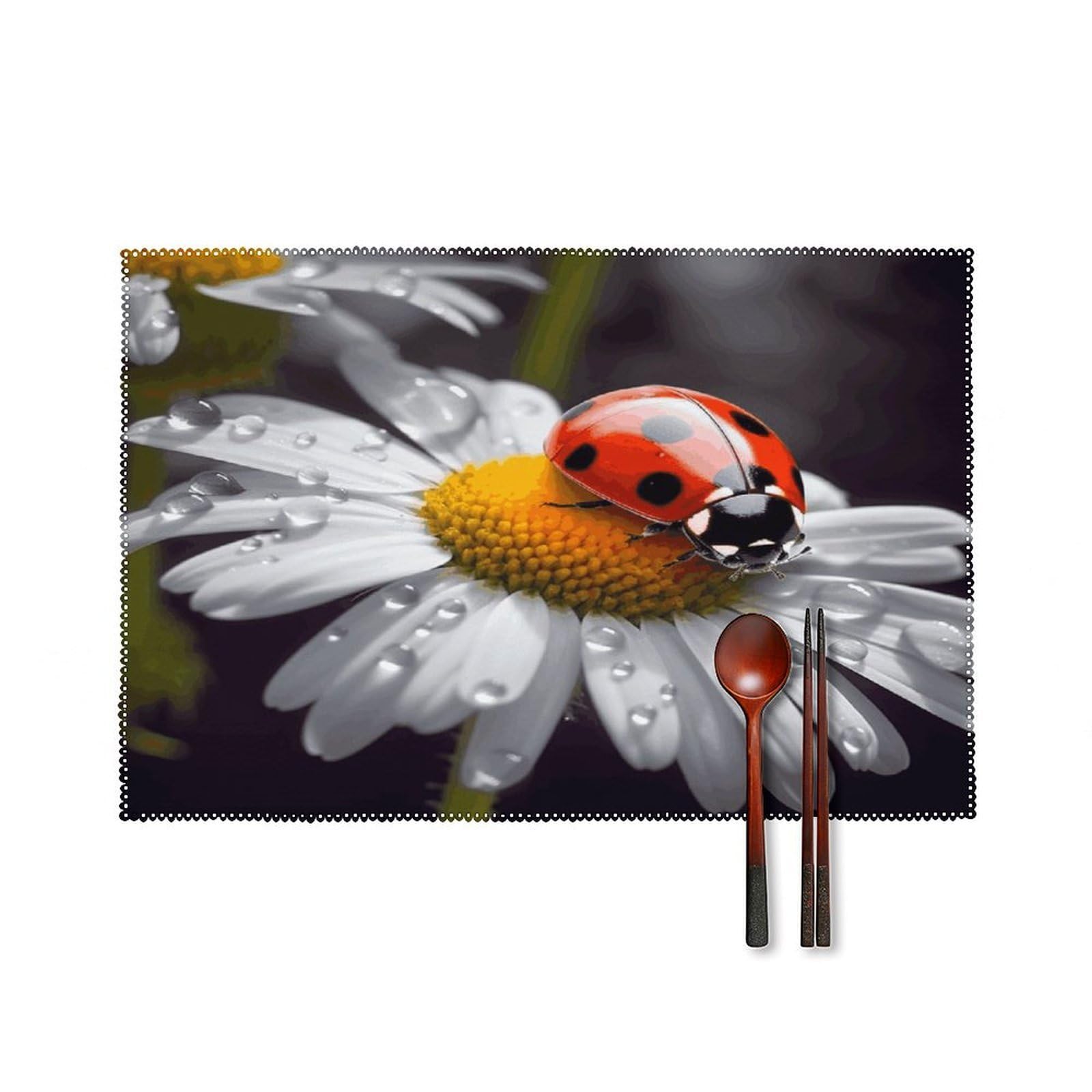 Ladybug on Daisy Flower Placemats Set of 4 Heat Resistant Non-Slip Place Mats Reusable Dining Table Mats Canvas Place Mat Anti-Fading Waterproof Placemats for Dining Table Decor