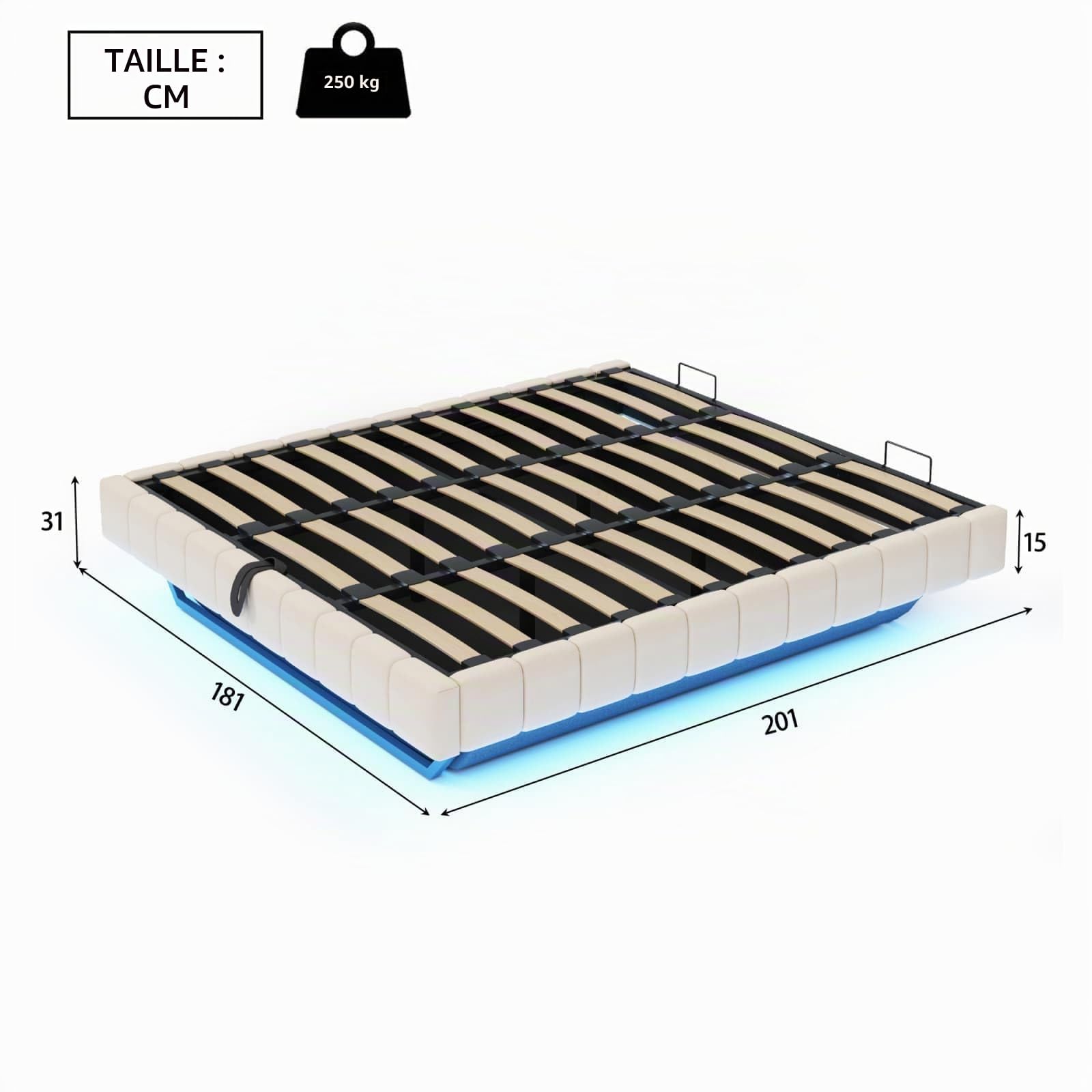 PUGSDRLY Lit 180x200cm sans Tête de lit avec éclairage LED et Espace de Rangement,Lit Double Coffre Capitonné Multifonctionnel,sans Matelas (Beige, 180x200)