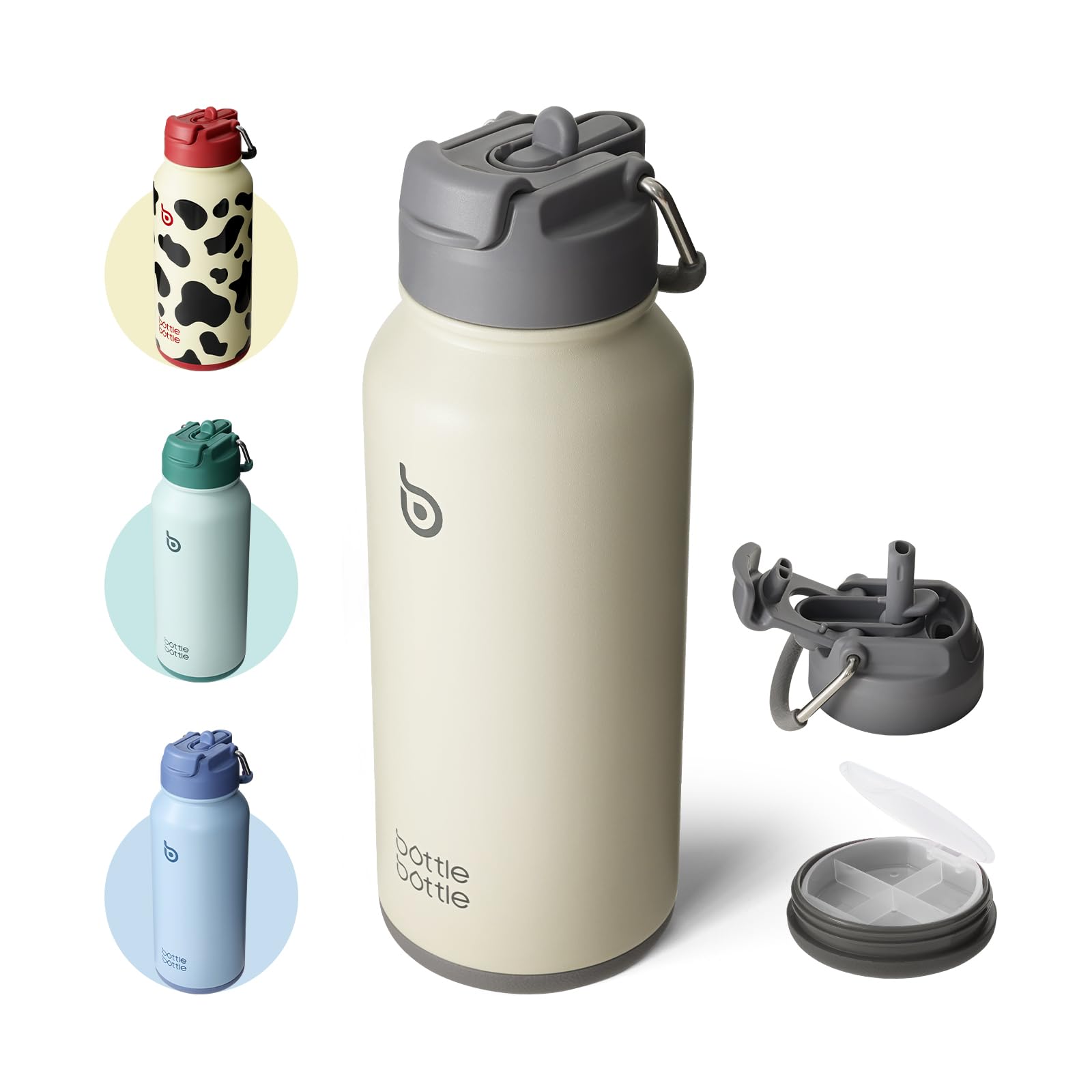 BOTTLE BOTTLE 32oz Insulated Water Bottle Stainless Steel Sport Water Bottle with Straw Dual-use Lid Design for Gym with Pill Box