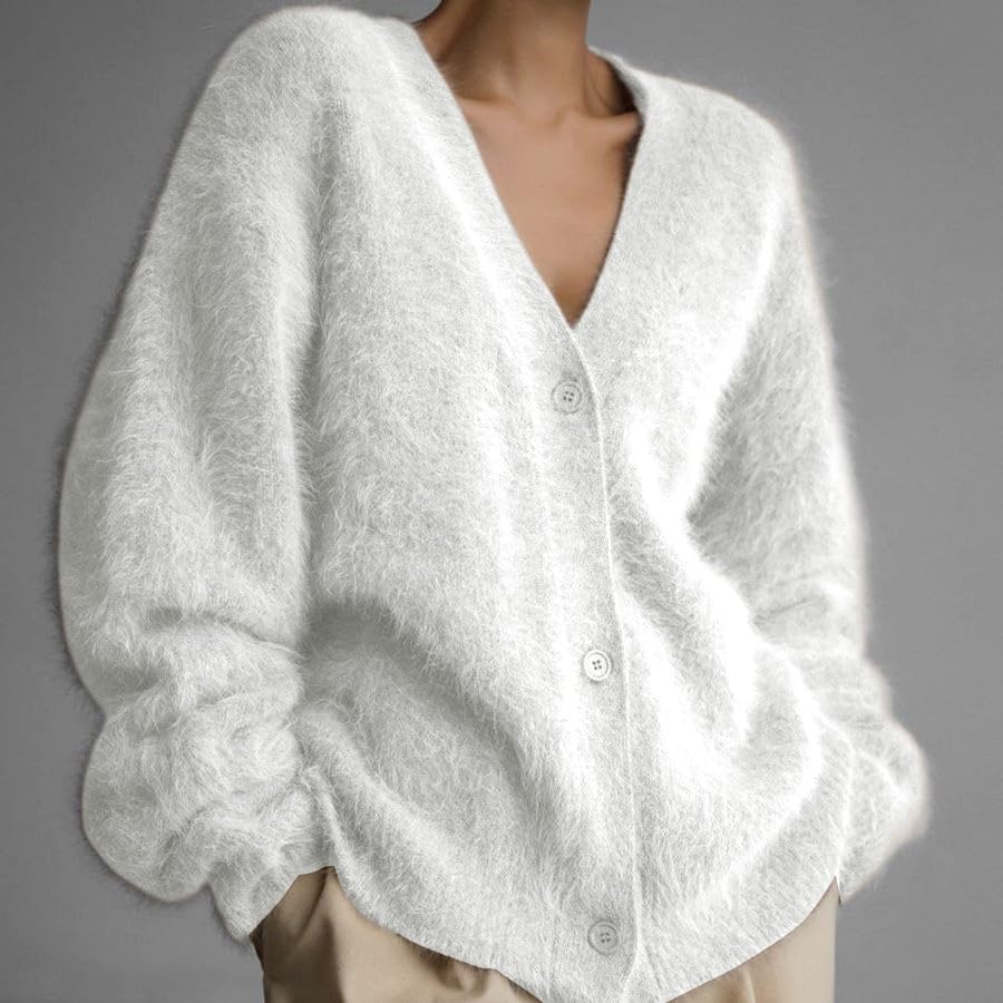 Women's Fuzzy Button Down Open Front V-Neck Knit Cardigan Slouchy Fluffy Loose Casual Long Sleeve Sweater Outwear Coat2