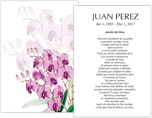 Tarjetas Funerales De Recordatorio (50 Tarjetas) FPC1065ES Orquídea púrpura (Impreso personalizado - Seleccione oración deseada)