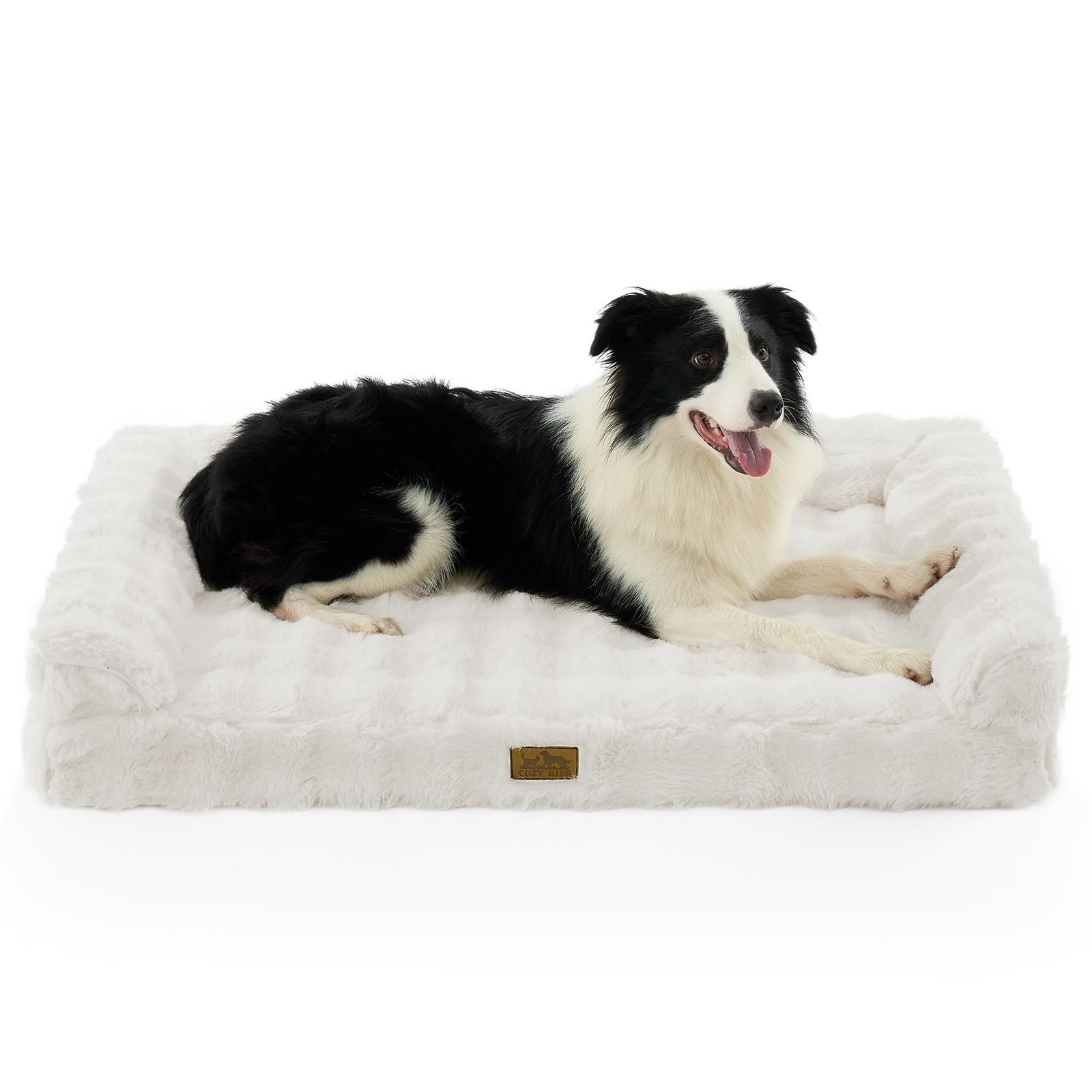 COZY KISS Faux Fur Orthopedic Dog Bed, Large Dog Bed, Pet Sofa with Removable Leak-Proof Cover, Washable U-Shaped Pet Couch with Anti-Slip Bottom, Beige XL 42x30x7 inch