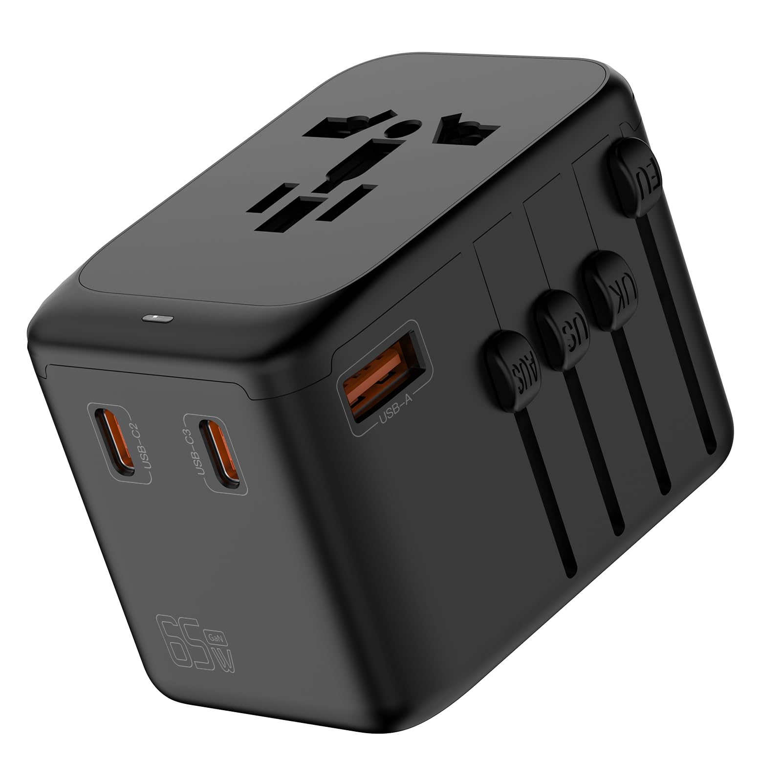 Universeller Reiseadapter, GaN-Ladegerät 65 W, internationaler Steckeradapter mit 3 USB-C PD und 1 USB-A QC, Reiseladegerät mit weltweitem US/EU/UK/AU-Steckeradapter