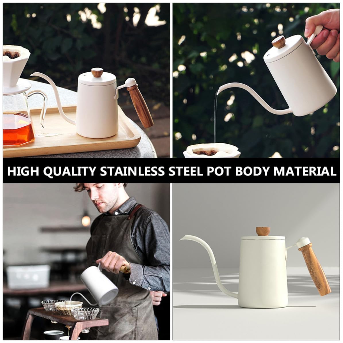 STOBAZA Cafetera de Goteo Manual de Acero Inoxidable 600ml Mango de Madera Sólida y Diseño de Boca Larga Antideslizante para Preparar Café en Casa