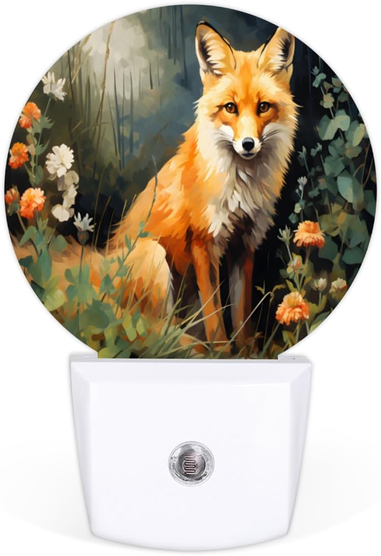 Pardick 2PCS Plug in Night Light, Fantastic Fox Night Lights Plug Into Wall Warm Night Light Beautiful Fox Dusk to Dawn Sensor LED Lights for Stairway Bedroom Kitchen Hallway Room Decor