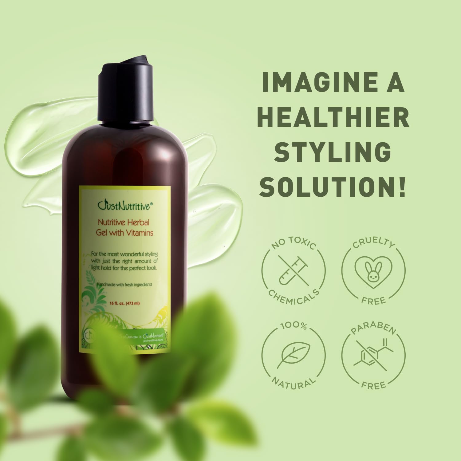 Just Nutritive Herbal Hair Gel With Vitamins & Proteins | Natural, Alcohol-Free & Humidity Controlling for All Hair Types - 16 Fl Oz