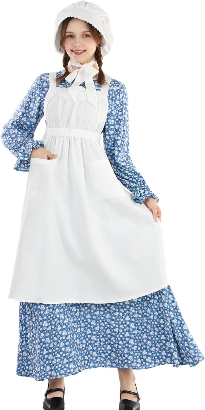 Nuoqi Pioneer Dress Women Prairie Dress with Bonnet Adult Long Colonial Costume