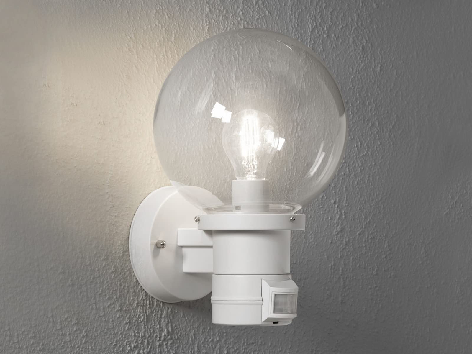 Moderne LED Außenwandleuchte mit Bewegungsmelder und großer Glas Kugel, Weiß
