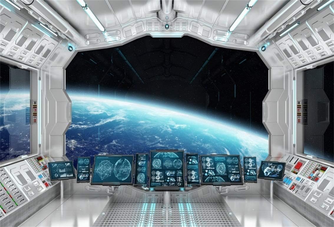 Leyiyi 5x3ft Spaceship Interior Backdrop 3D Universe Workshop Outer Space Travel Science Explore Station Earth Vista Photo Background Cowboy Kids Birthday Portrait Shoot Studio Vinyl Prop Wallpaper