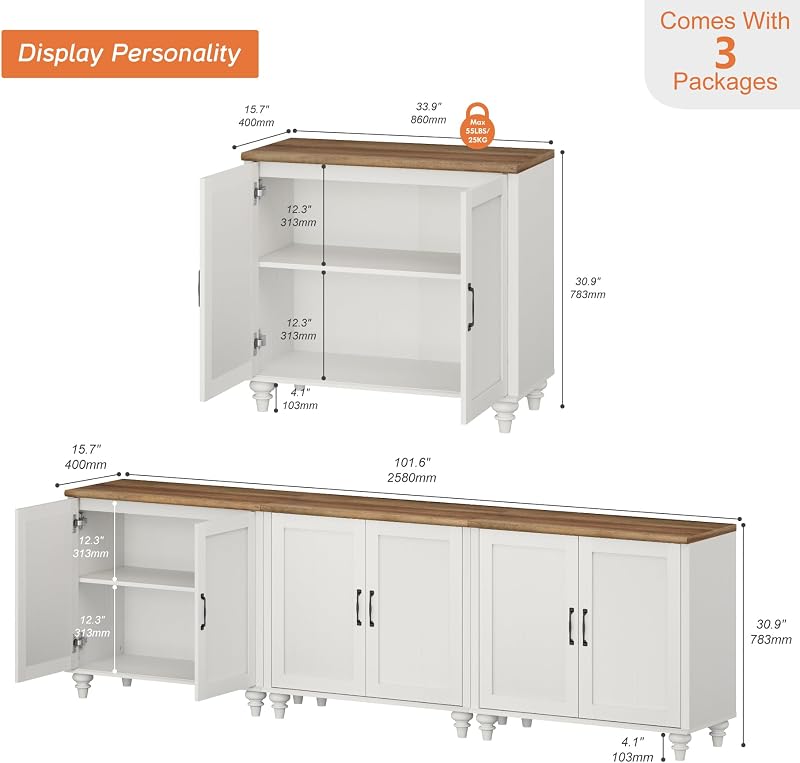 WAMPAT TV Stand for 100 inch TV with 4 Wood Doors, Farmhouse Wood Universal TV Stands with Storage Cabinets, Morden Entertainment Center TV Console Table, White image 2