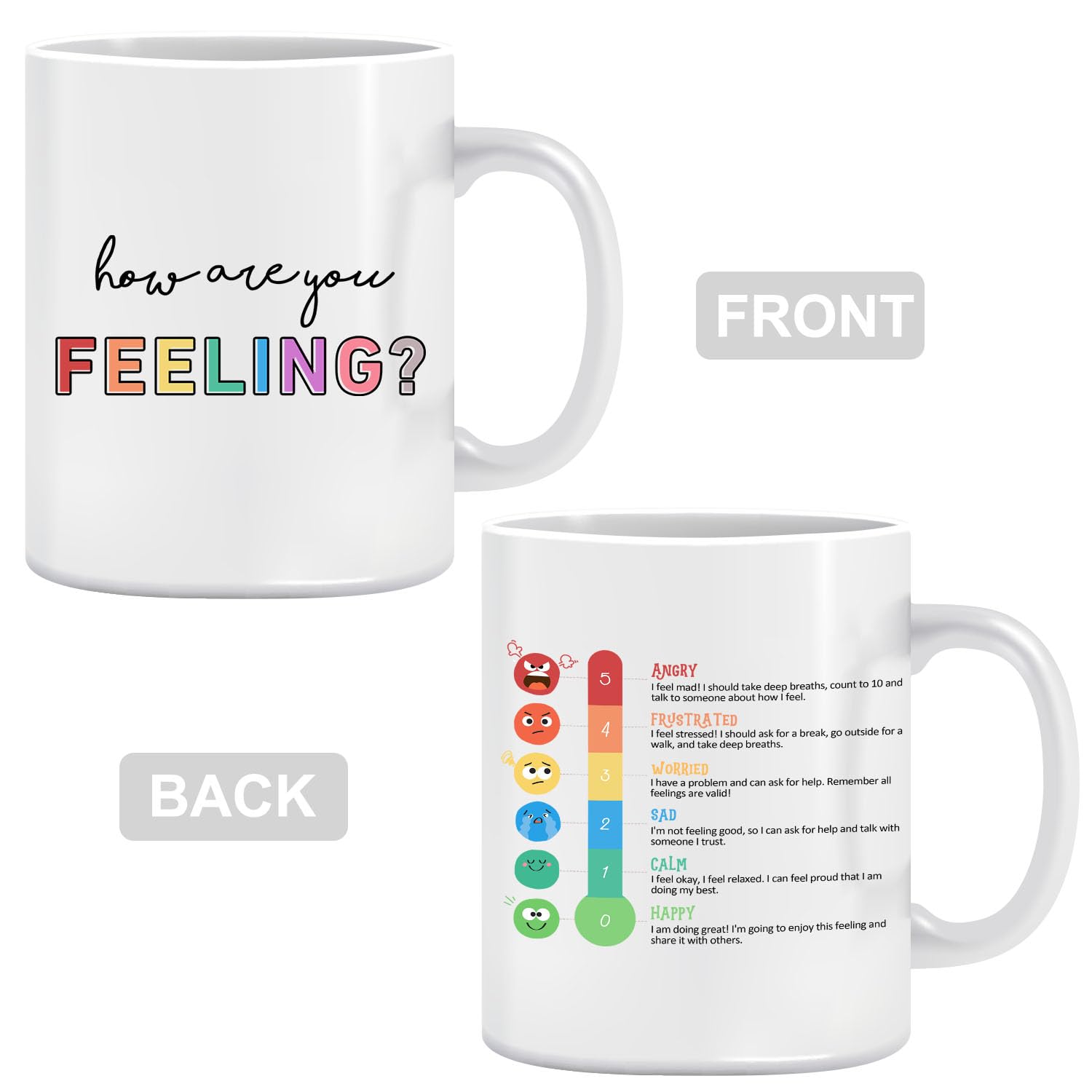 LNOKRIM Taza de café con texto en inglés "How Are You Feeling", taza de café con tabla de sentimientos de estado de ánimo, regalo para amigos, profesores, terapeutas, consejeros, taza de café de