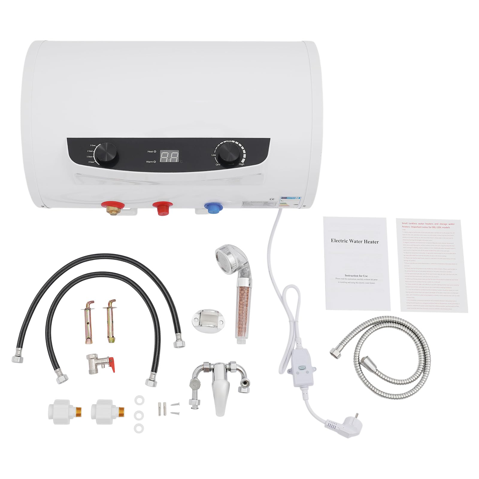 Scaldabagno elettrico da 35 l, 2000 W, montaggio a parete, con indicatore LED, 3 livelli di calore (35-75 °C), IPX4, serbatoio interno in acciaio inox, soffione doccia, per bagno, appartamento, salone