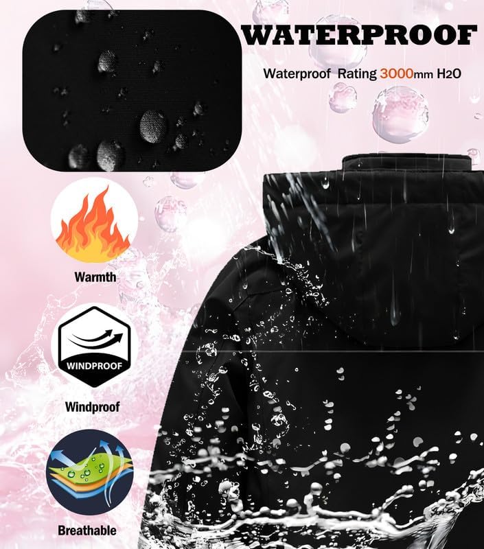 KVE Girl's Waterproof Ski Jacket Warm Fleece Winter Jacket Windproof Hooded Snow Coat Mountain Sportswear Outdoor Raincoat - Image 6