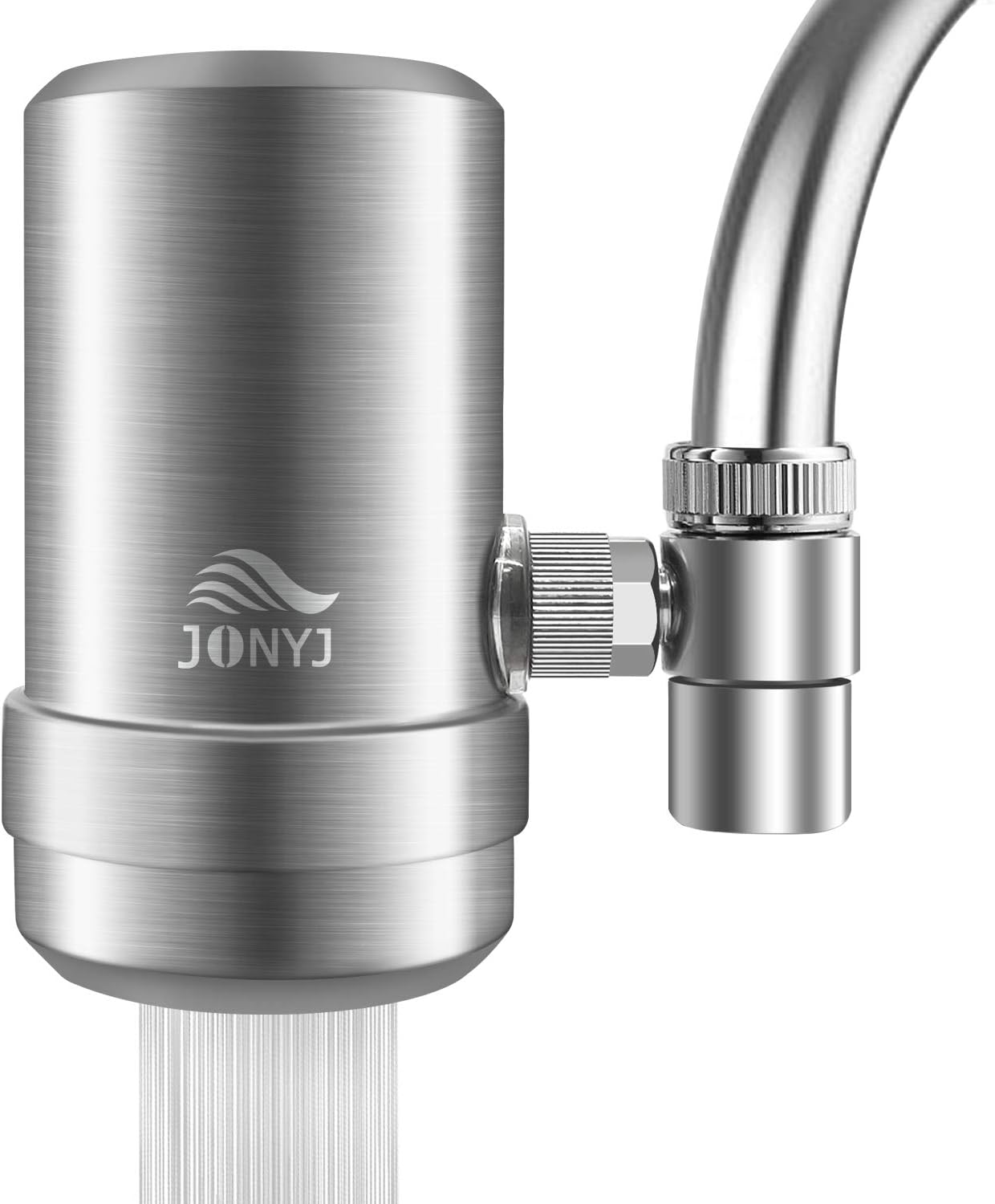 JONYJ Faucet Water Filter, 304 Stainless-Steel Water Faucet Filtration System, High Water Flow Tap Water Filter, Water Purifier Reduces Chlorine - Fits Standard Faucets (2 Filters Included)