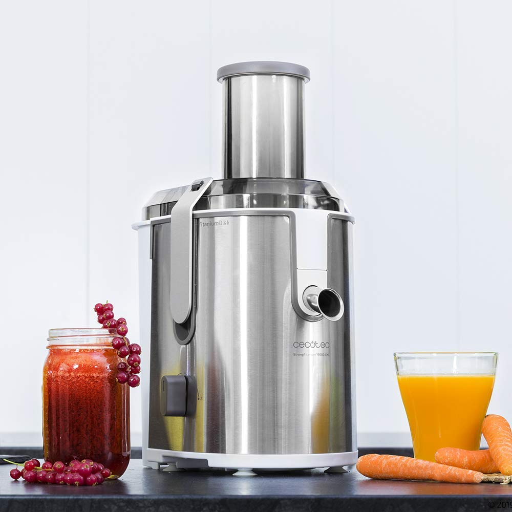 Cecotec Orbital Entsafter StrongTitanium 19000 XXL für Obst und Gemüse. 19000 U/min, 1300 W, XXL-Einfüllkanal (75 mm), Titanbeschichteter Scheibendisk, 2 Geschwindigkeiten und BPA-frei