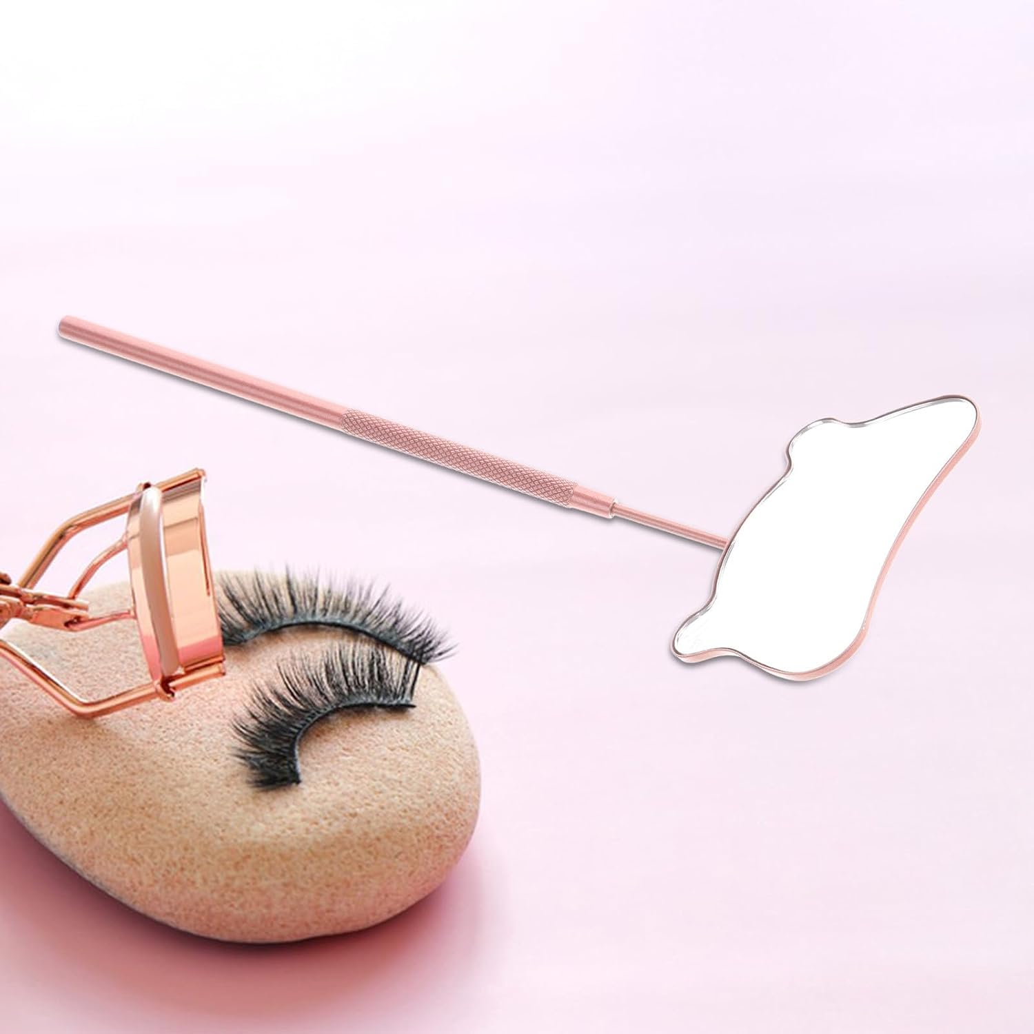 BETOOKY Stainless Steel Eyelash Extension Mirror with Anti-Fog Cat-Shaped Design, Portable Lash Inspection Mirror for Beauty Salons and Personal Makeup Use, Rose Gold
