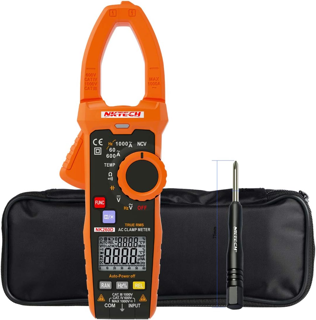 NKTECH NK260D Ture RMS Digital Clamp Meter Temperature AC Voltage Current DC Voltage 1000V Resistance Frequency 10KHz Capacitance Backlight NCV Tester 35mm Jaw + TL-1 Screwdriver