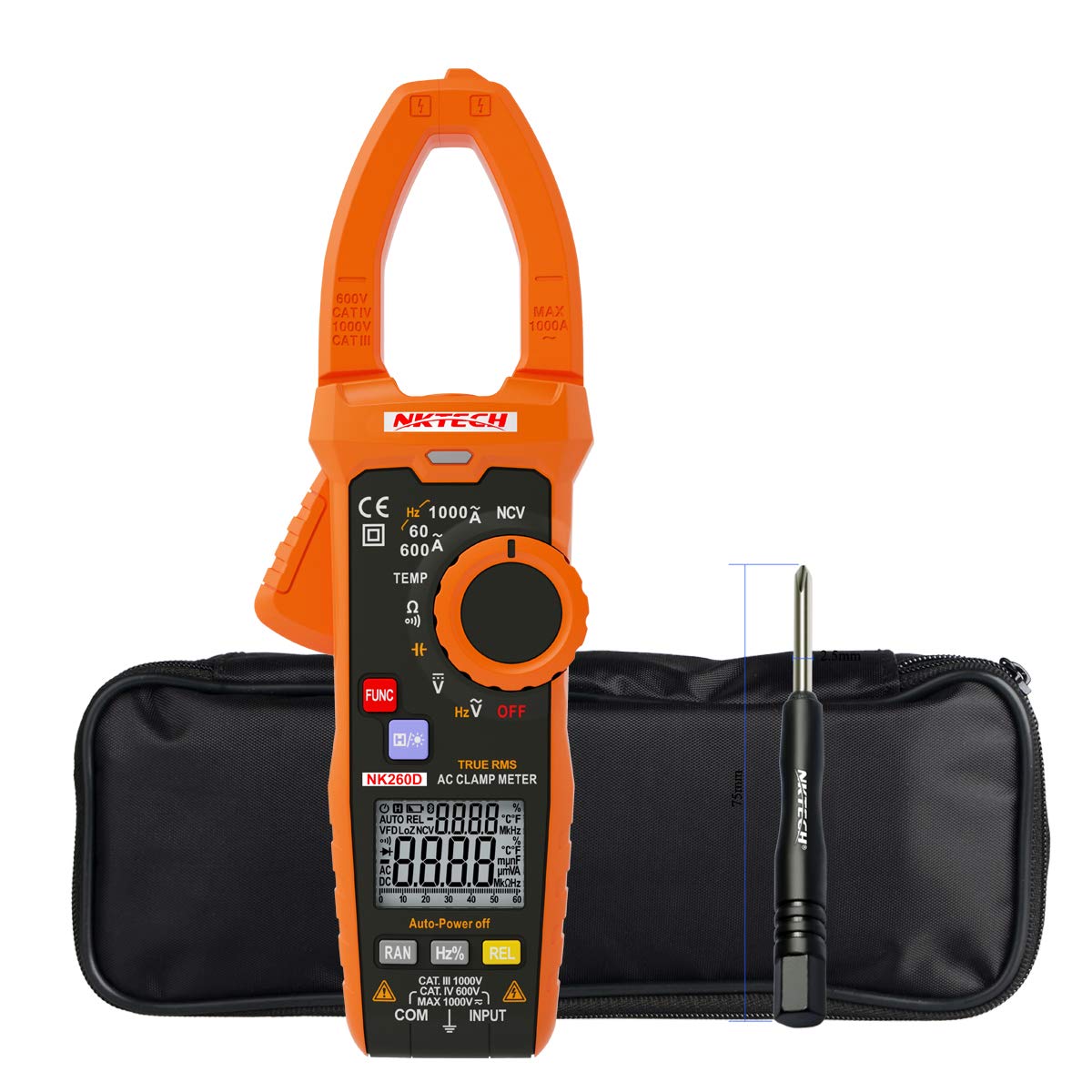 NKTECH NK260D Ture RMS Digital Clamp Meter Temperature AC Voltage Current DC Voltage 1000V Resistance Frequency 10KHz Capacitance Backlight NCV Tester 35mm Jaw + TL-1 Screwdriver