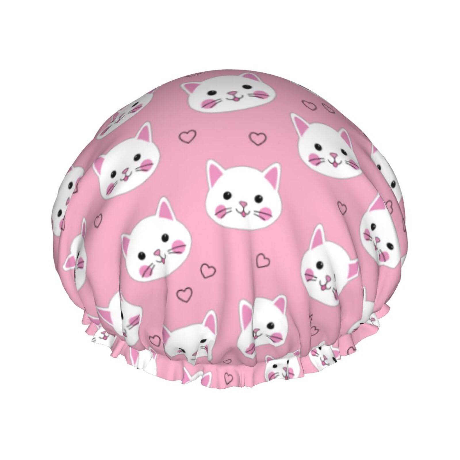 Hair Cap for Shower - Cute pink cat Large Shower Cap Reusable Waterproof, Double Layer Shower Cap for Women, Hair Cap for Shower with Peva Lining and Elastic Rope