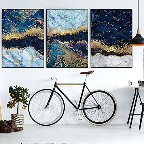 Affiche de mode marbre bleu et or | Lot de 3 toiles modernes 50x70cm pour salon