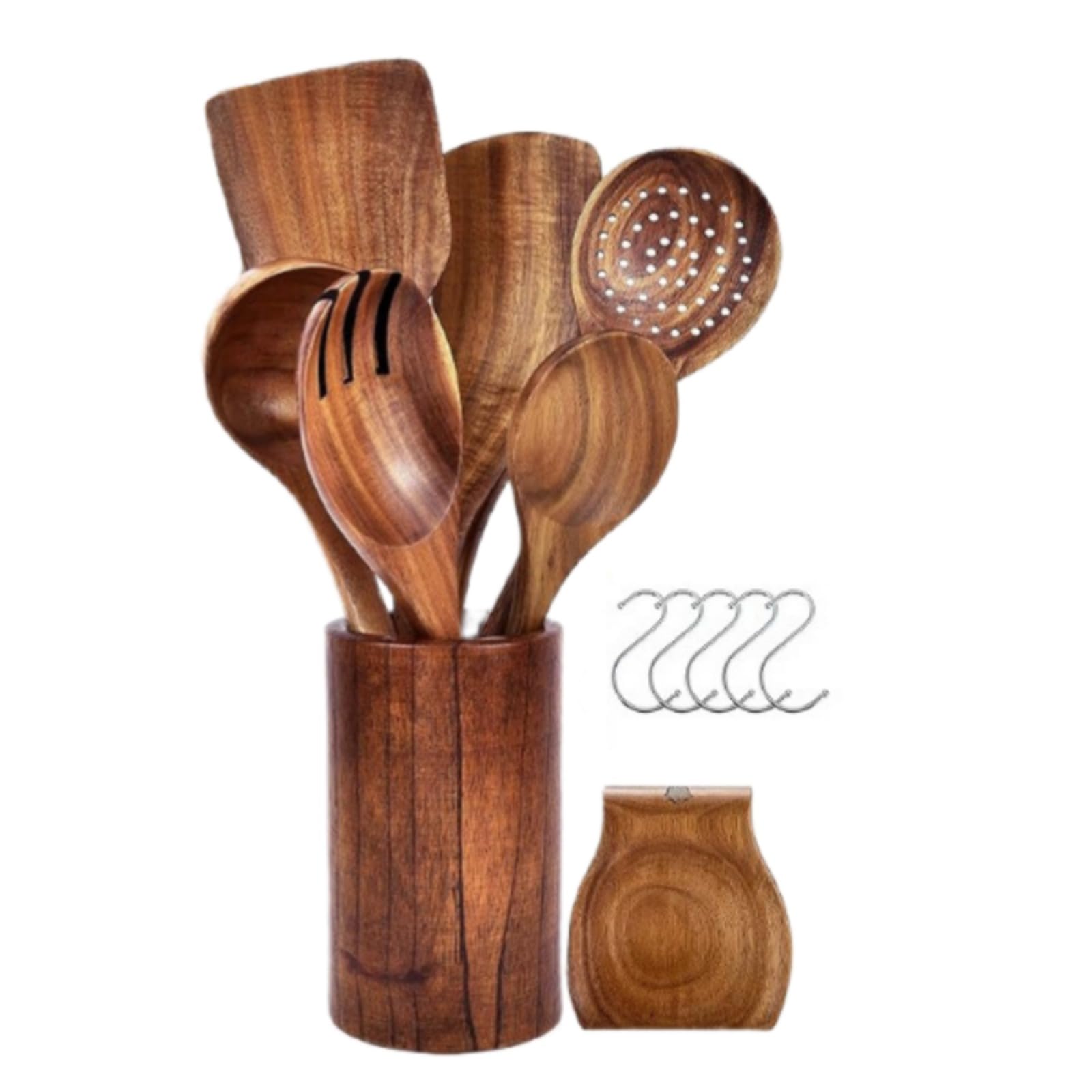 Holz Kochbesteck Set, Küchenhelfer Set aus Teakholz, 8 teiliges Premium Kochlöffel Set, Holzspatel zum Kochen, Rühren und Braten für die Küche