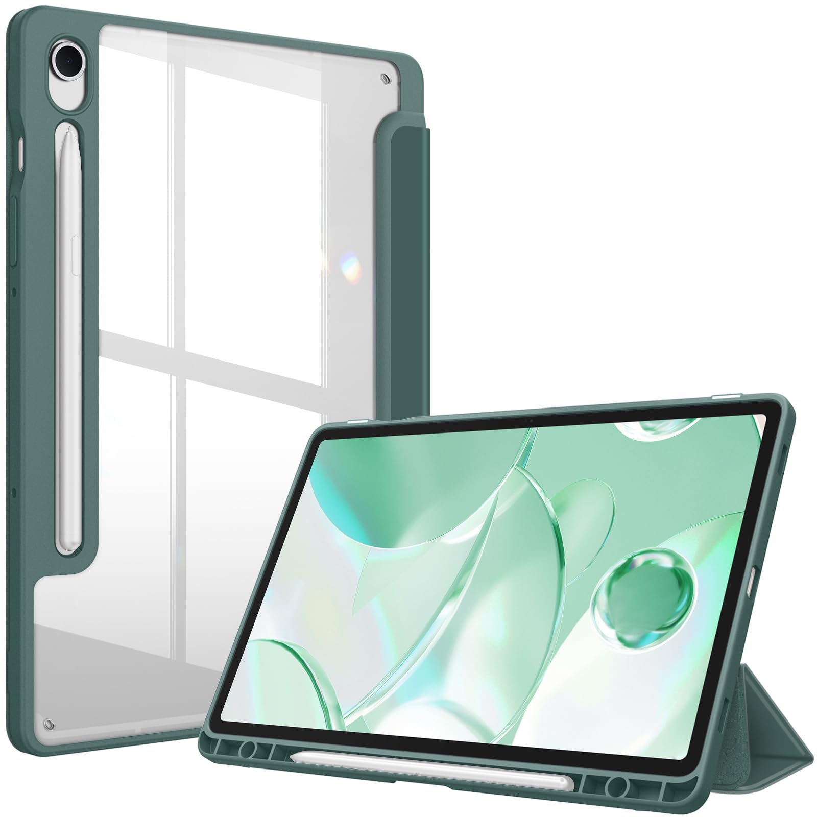 Fintie Hybrid Case for Samsung Galaxy Tab S9 FE 10.9 Inch/Tab S9 11 Inch 2023 Tablet with Pen Holder - Shockproof Protective Case with Transparent Hard Shell on the Back, Night Green