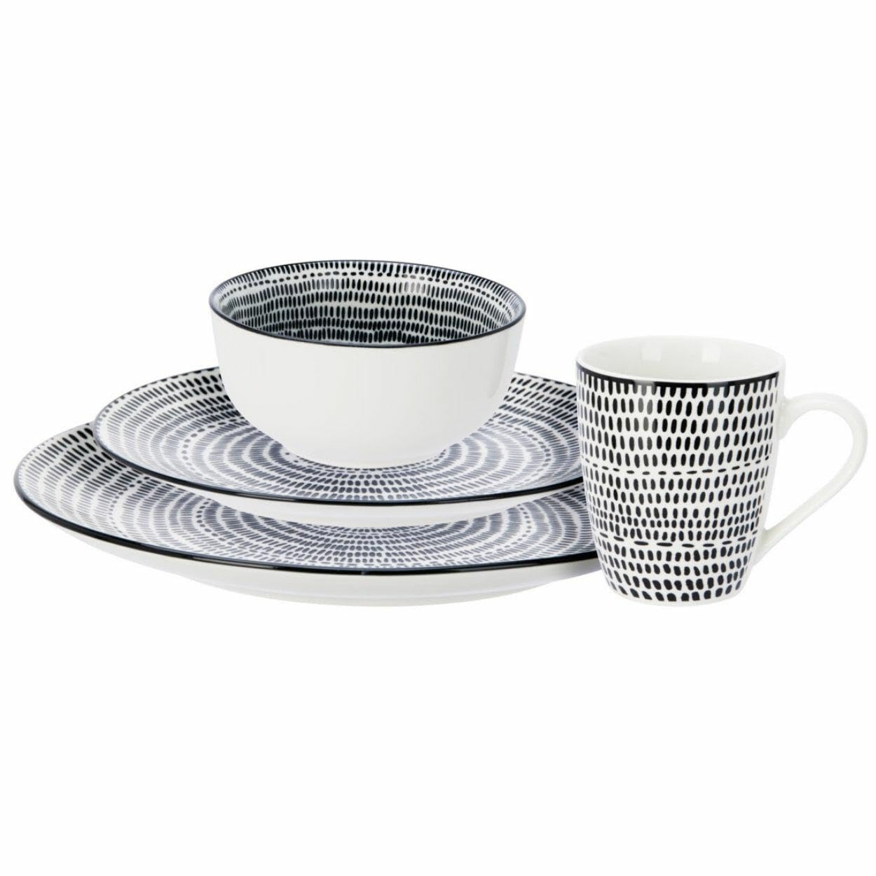 16-częściowy zestaw naczyń, porcelana, czarno-białe, talerze, miseczki, miski, wzór w paski, serwis dla 4 osób, nowoczesny