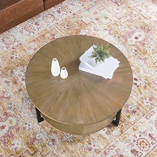 LEEMTORIG 33.5" Round Wood Coffee Table, 2-Tier Circle Round Coffee Table with Storage for Living Room, Mid-Century Modern Style with Texture Surface, Yellowish Brown with Black Metal Legs, KFZ-1338 - Image 9