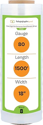 PSBM - Envoltura elástica, paquete de 4, 18 x 1500 pies, calibre 47, adherencia de plástico transparente, rollos de película elástica a mano fundida