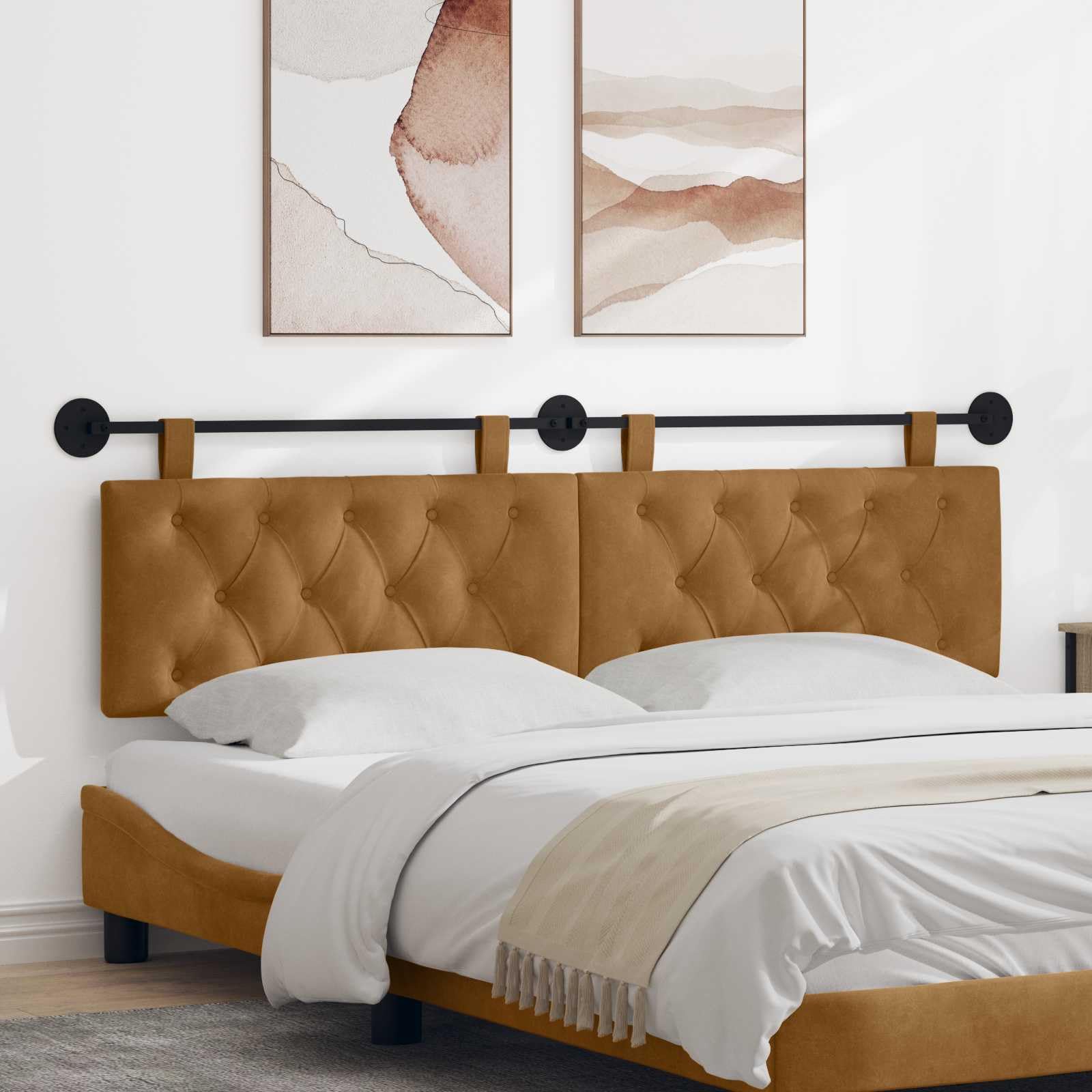 vidaXL Cabecero Colgante con luz LED Marrón Terciopelo, Cabecera Moderna para Dormitorio, tapizada en Terciopelo, de Madera, Ahorra Espacio y es Decorativa