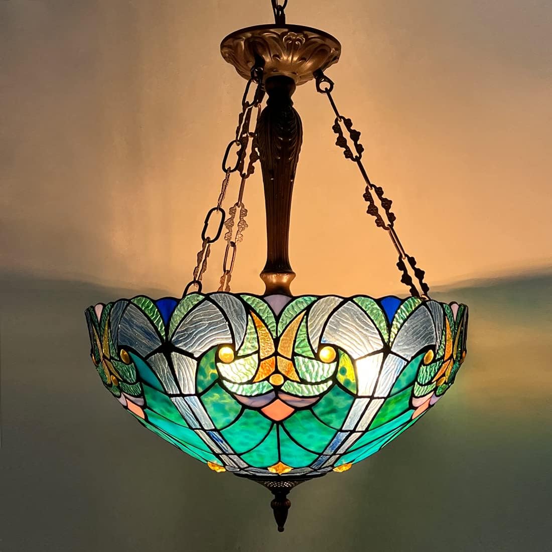 Tiffany Pendant Light Fixture,18" Wide Sea Green Stained Glass Inverted Ceiling Pendant for Dining Room,Antique Style 3 Lights Hanging Lamp for Living Room Kitchen and Foyer