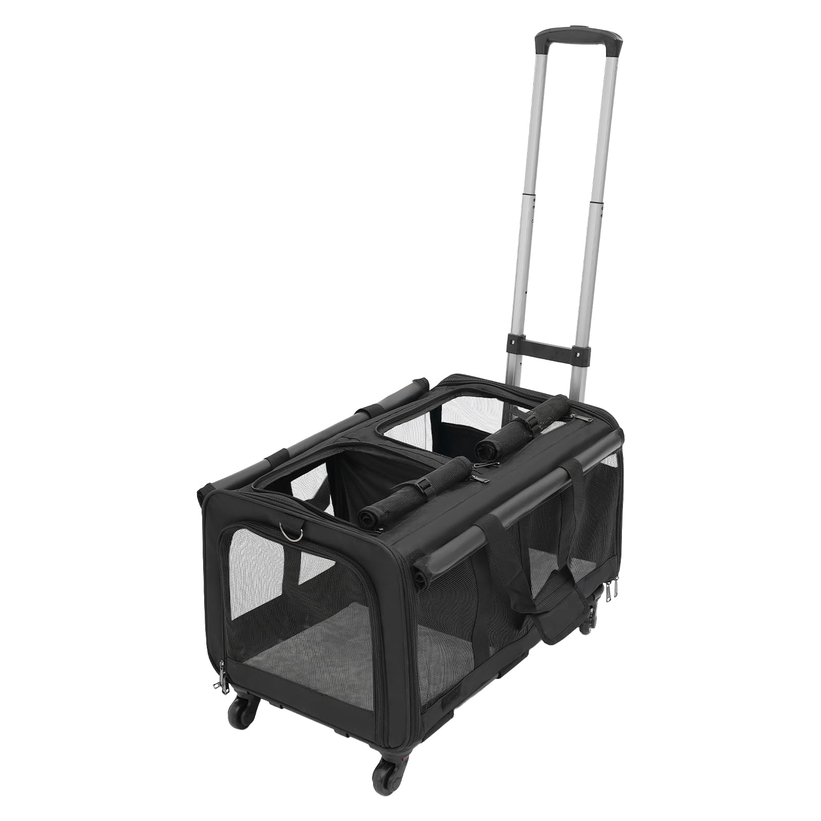 Transportín para mascotas con dos compartimentos y ruedas para gato/perro, caja de transporte extraíble para gatos con asa telescópica para 2 gatos/perros, hasta 17,5 kg, para viajes, senderismo